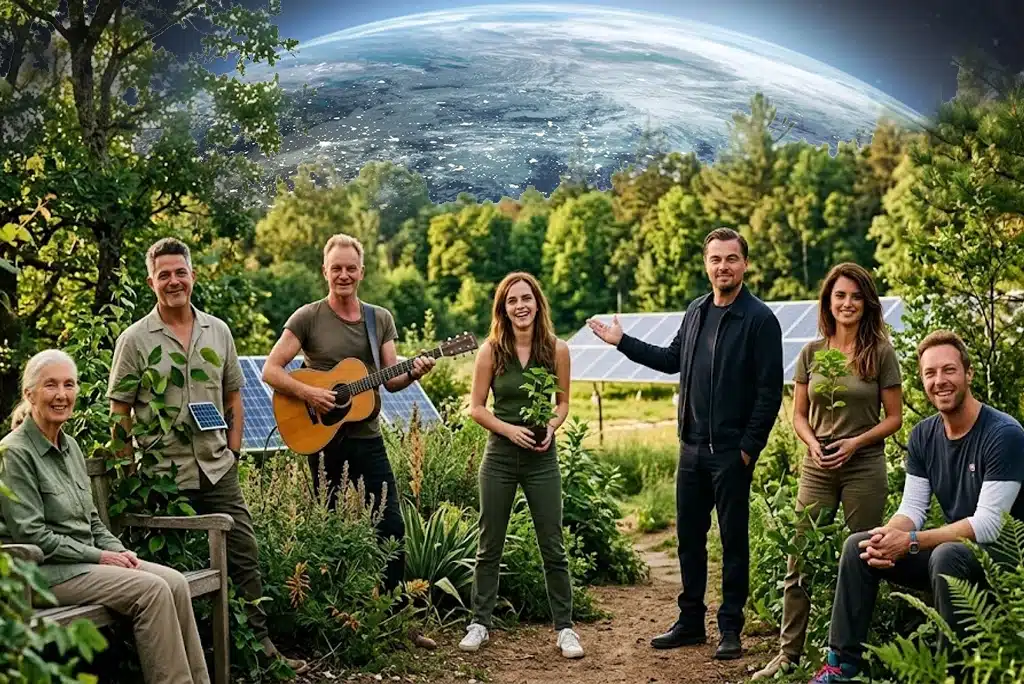 Colage de siete famosos (Coldplay, Leonardo DiCaprio, Emma Watson, Sting, Alejandro Sanz, Jane Goodall y Penélope Cruz) rodeados de elementos naturales como hojas, paneles solares y árboles, representando la conexión entre famosos y medio ambiente.