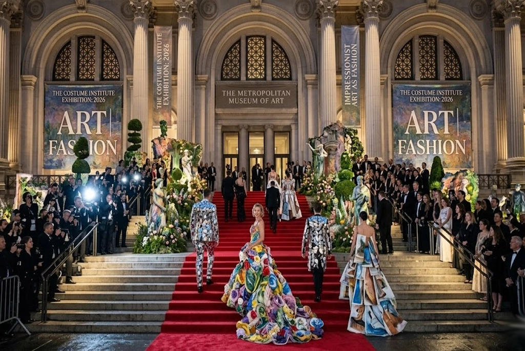 Fotografía realista de la alfombra de entrada de la Met Gala 2026 con celebridades vistiendo atuendos escultóricos y coloridos, bajo un telón de fondo que imita un jardín impresionista, explicando visualmente qué es la met gala y su fusión de moda con arte.