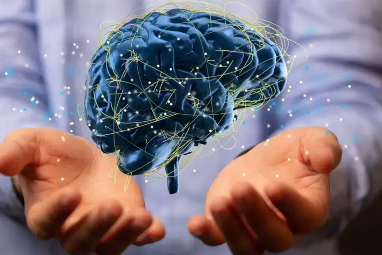 Imagen de unas manos y el holograma de un cerebro humano, verificando si tiene o no cammbios