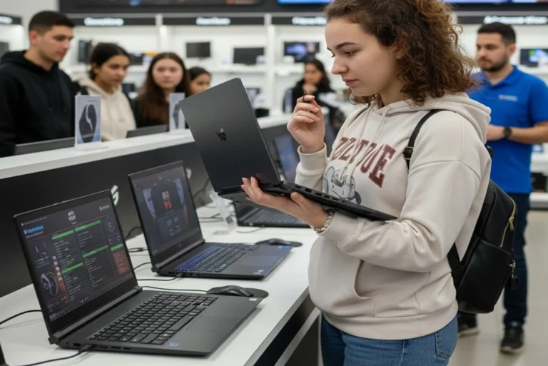 joven estudiante eligiendo una laptop gamer y haciendo comparaciones en tiendas. joven estudiante eligiendo una laptop gamer y haciendo comparaciones en tiendas.