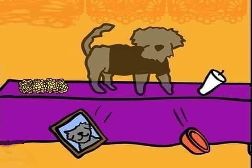 Ilustración alusiva a la ofrenda de Día de Muertos que se pone a las mascotas fallecidas.