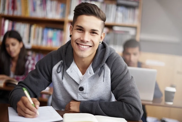 Estudiante sonriendo mientras sostiene una carpeta, representando el acceso a diferentes tipos de becas para apoyo educativo.