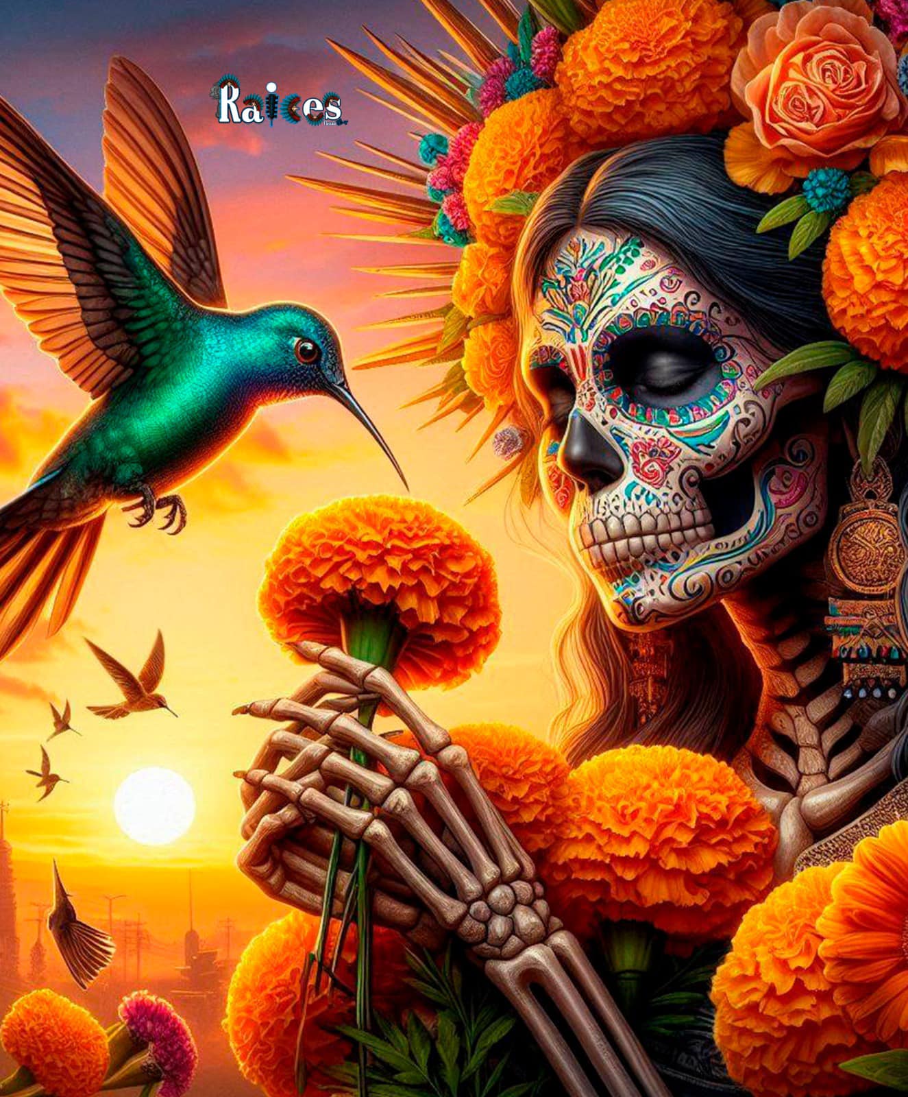 ilustración con una mujer calavera que sostiene una flor de cempasúchil y un colibrí