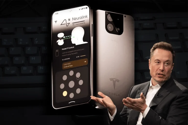 Representación conceptual del teléfono Tesla con tecnología Neuralink, junto a Elon Musk, destacando una posible integración avanzada entre el dispositivo y la interfaz cerebral.