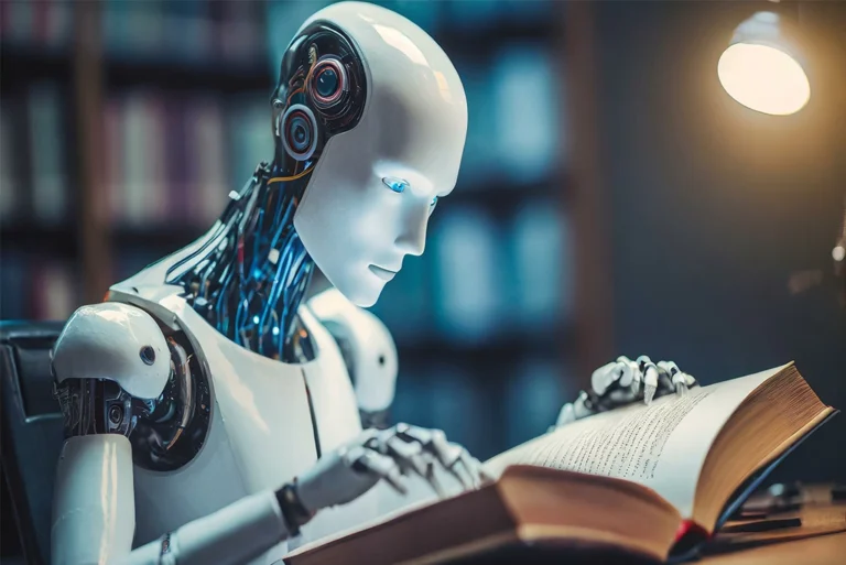 Un robot humanoide leyendo un libro en una biblioteca, que pasara con el futuro de las bibliotecas