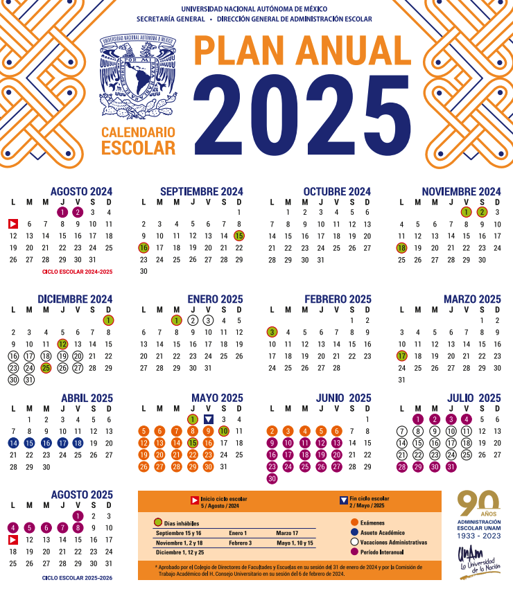 calendario de la UNAM que muestra el inicio de las vacaciones