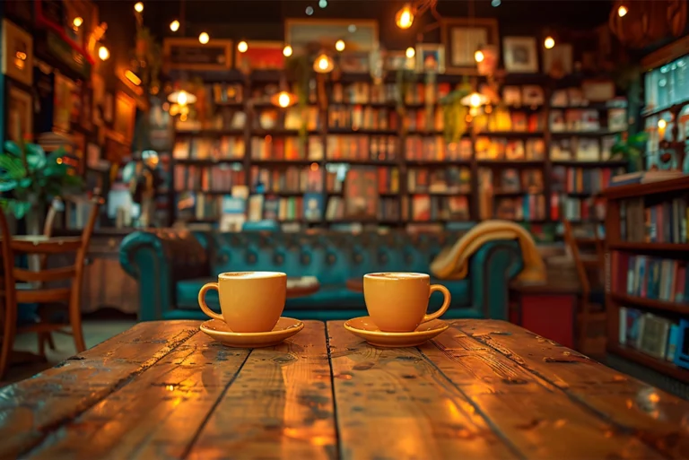 Dos tazas de café sobre una mesa de madera en una de las librerías famosas y acogedoras; ideal para estudiar y relajarse, con estanterías llenas de libros en el fondo y una decoración cálida y vintage.