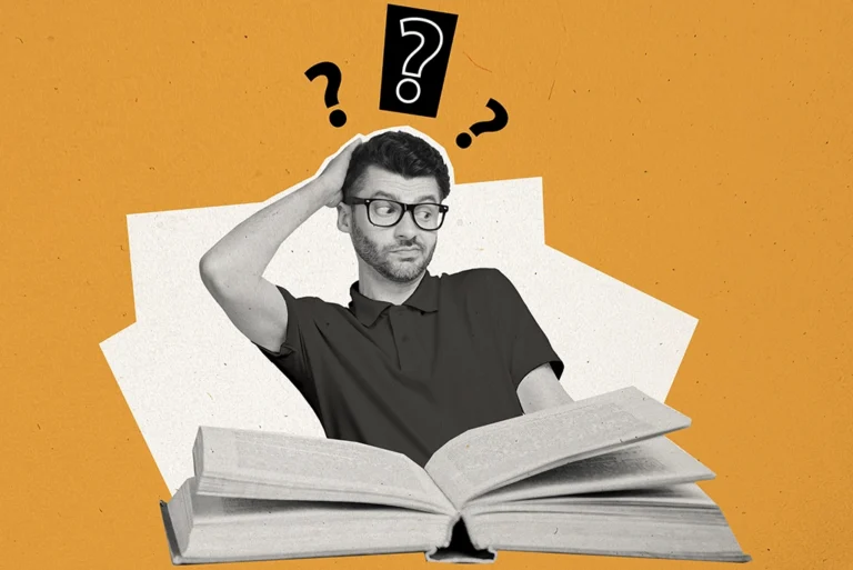Persona confundida mirando un libro abierto con signos de interrogación alrededor, representando la dificultad de elegir entre los distintos géneros literarios.