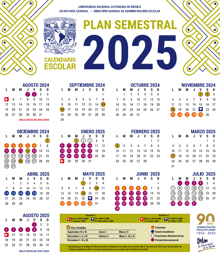 Calendario semestral de la UNAM que muestra el inicio de las vacaciones