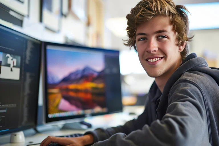 Estudiante trabajando en una computadora con software creativo, representando el uso de plataformas para diseño.