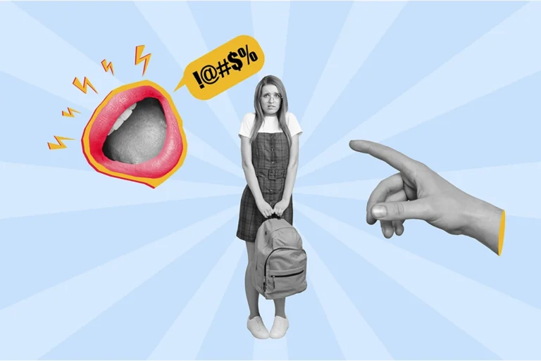 Estudiante con expresión preocupada, rodeada de símbolos de violencia verbal y gestos intimidantes, representando el tema de la violencia escolar.