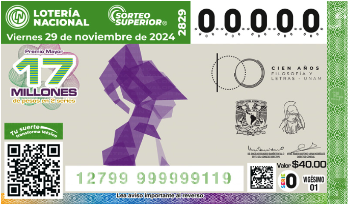 Billete de Lotería de Sorteo Superior conmemorativo por los 100 años de la Facultad de Filosofía y Letras de la UNAM