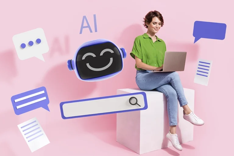 Mujer utilizando su computadora portátil mientras interactúa con iconos de inteligencia artificial, destacando ideas sobre cómo hacer prompts efectivos para herramientas de IA.