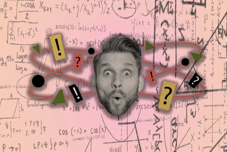 Un hombre sorprendido frente a fórmulas matemáticas complejas, simbolizando los desafíos y fascinaciones de la carrera de física.