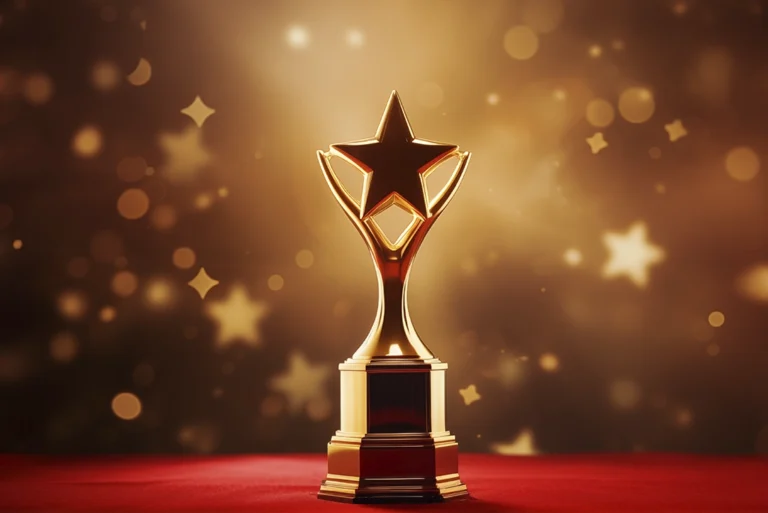 Trofeo dorado con diseño de estrella sobre un fondo brillante, representando los premios famosos más reconocidos a nivel mundial.