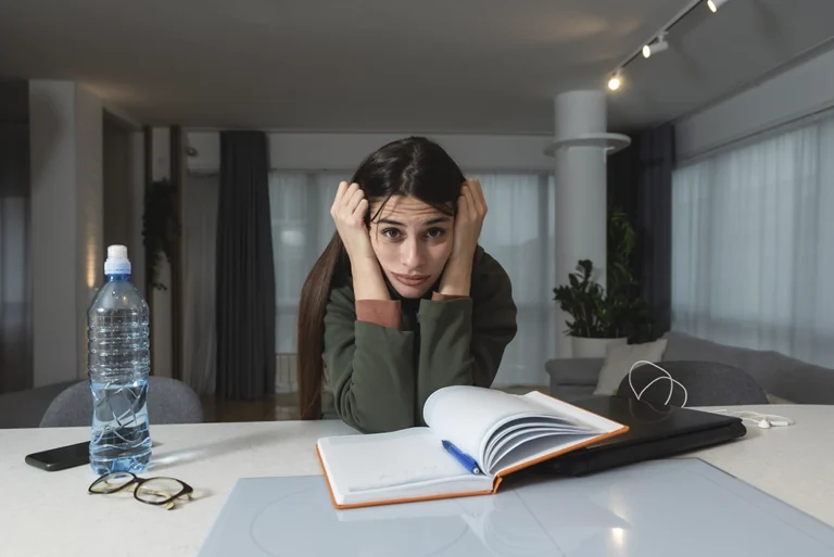 Joven con tdah en un escritorio mostrando problemas para estudiar adecuadamente.