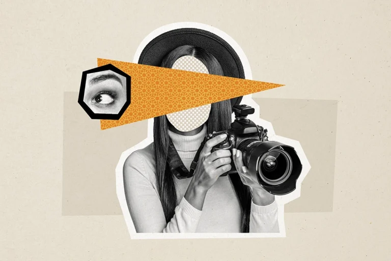 Ilustración de una joven con una cámara fotográfica en mano, explorando cuáles son las carreras relacionadas con la fotografía