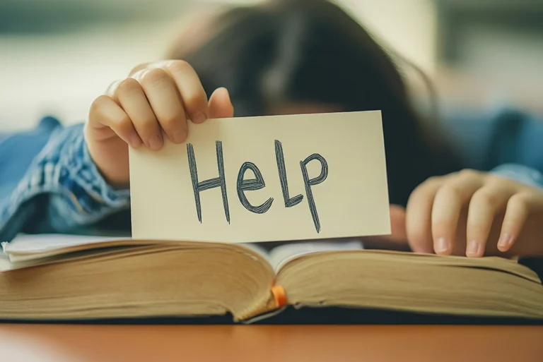 imagen creada con IA que muestra a una estudiantes con un letrero de ayuda para su examen de admisión, pronto conocerá las páginas web que le podrían ayudar