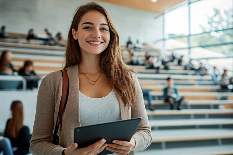 Joven estudiante con público de fondo a punto de poner a prueba su oratoria