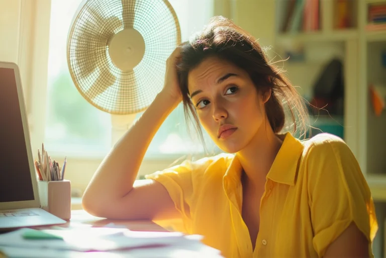 joven estudiante sobre su escritorio tratando de estudiar pero mostrando cómo el calor afecta su rendimiento académico al no poderse concentrar