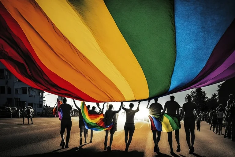 Bandera LGBT+ ondeando en un cielo despejado, símbolo universal de diversidad y orgullo, con sus seis colores vibrantes: rojo, naranja, amarillo, verde, azul y violeta