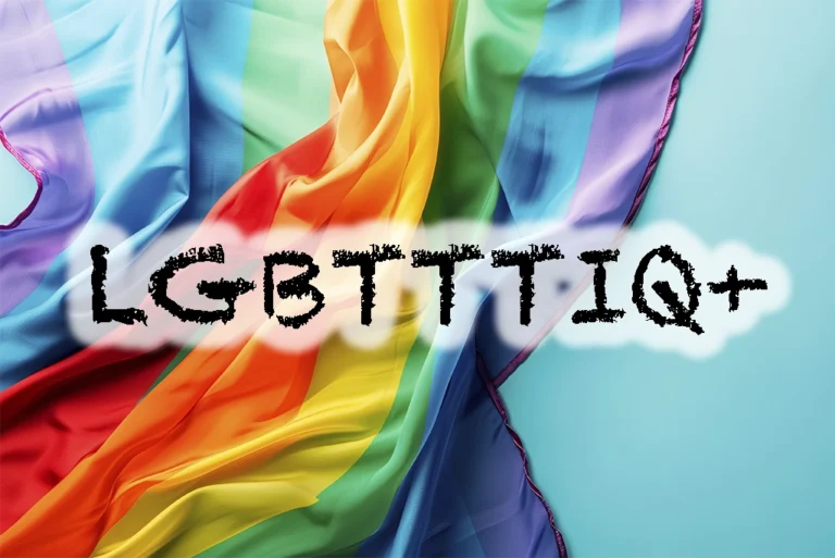 Glosario LGBT+ explicado: bandera arcoíris con términos clave como gay, lesbiana, bisexual, trans, queer y más, sobre fondo inclusivo.
