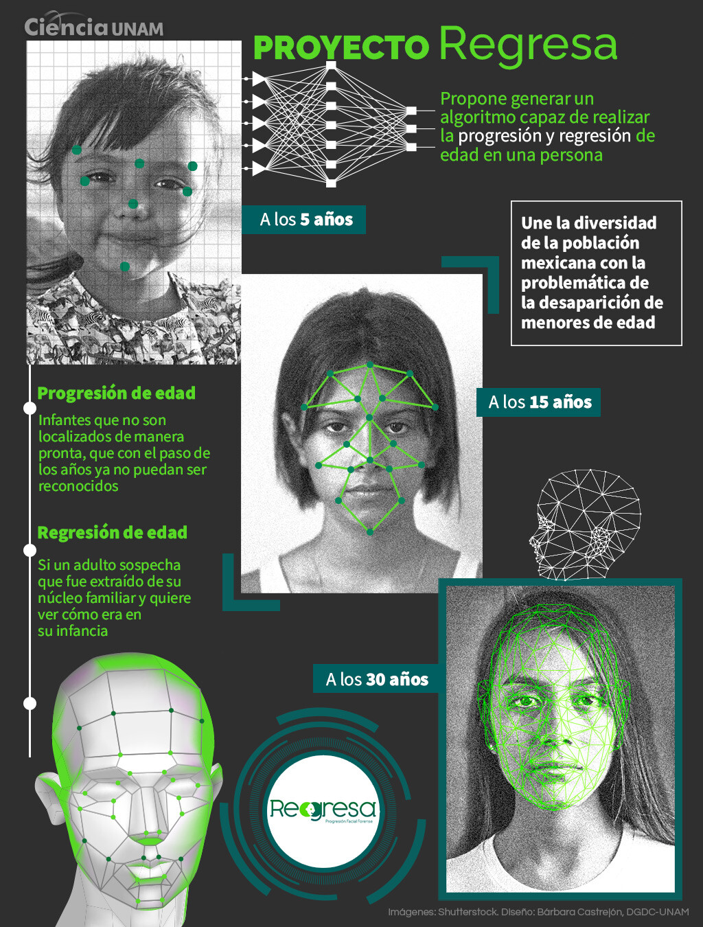 Infografía que resume el funcionamiento del proyecto "Regresa" de la UNAM, diseñado para encontrar personas desaparecidas en México.