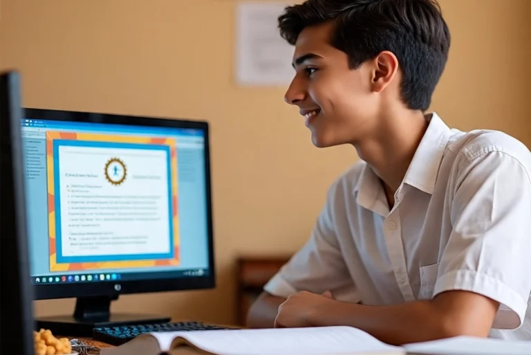 Estudiante revisando su certificado en formato electrónico en una laptop, mostrando el nuevo sistema digital de la SEP para educación media superior.