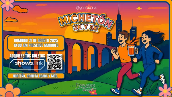 Ilustración de una pareja corriendo con una michelada en mano, representando el Michetón 2025, la carrera temática de micheladas en Querétaro.