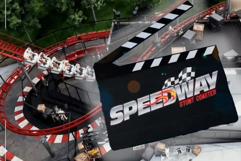 Render de la nueva montaña rusa Speed Stunt Coaster en Six Flags México, inspirada en la emoción de la Fórmula 1. Curvas cerradas y diseño futurista para fans de la velocidad