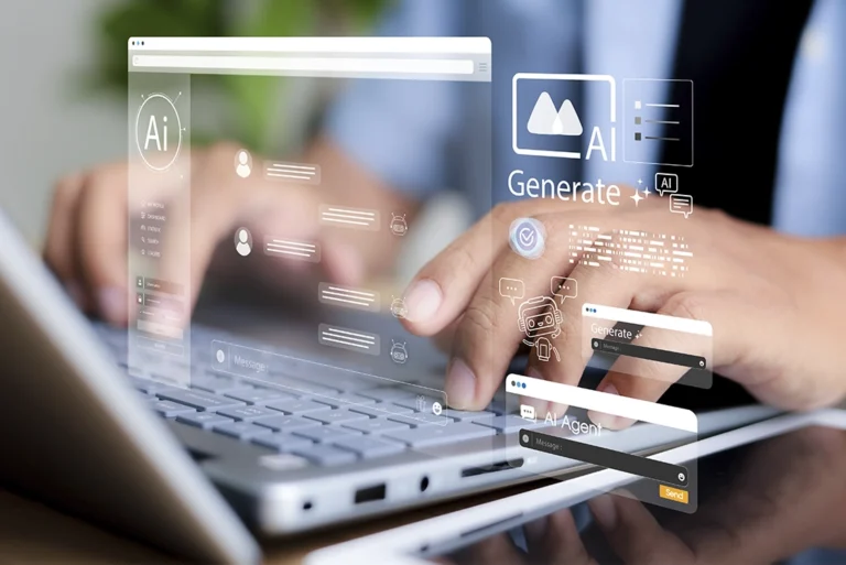 Estudiante universitario utilizando de forma segura los chatbots más confiables en su laptop, con gráficos de inteligencia artificial flotando alrededor