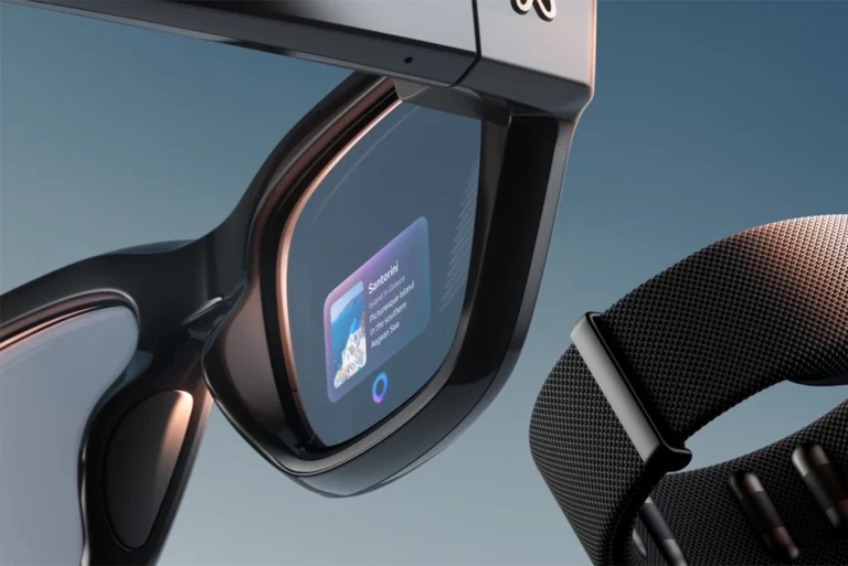 modernos lentes meta y Ray-Ban Display, pantalla en las micas mostrando la interfaz de realidad aumentada con traducción en tiempo real en la lente.
