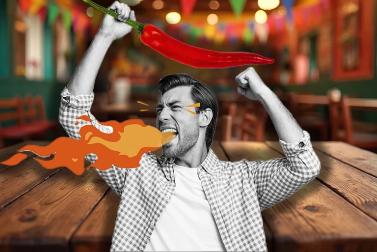 Imagen collage representando la conexión entre comida mexicana y supersticiones: joven con un chile gigante sobre su cabeza y expulsando fuego por la boca