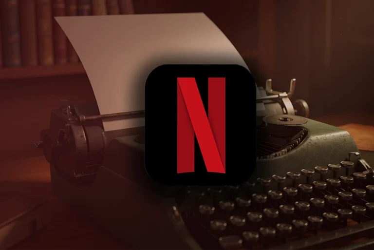 Logo de Netflix sobre la imagen de una máquina de escribir con un guion, participando en el taller gratis de guionismo Netflix CDMX organizado por la Secretaría de Cultura y El Garfio A.C.