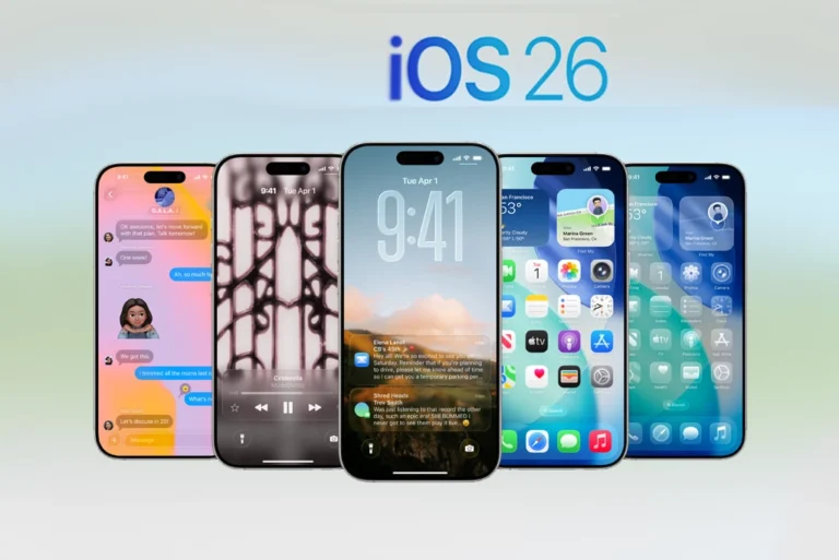Imagen que muestra la interfaz del nuevo diseño Liquid Glass y las principales características de iOS 26 en un iPhone