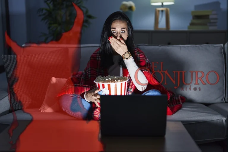 Joven viendo El Conjuro 4 en el cine, con expresiones de miedo y emoción, ilustrando la paradoja de por qué nos gusta el terror.
