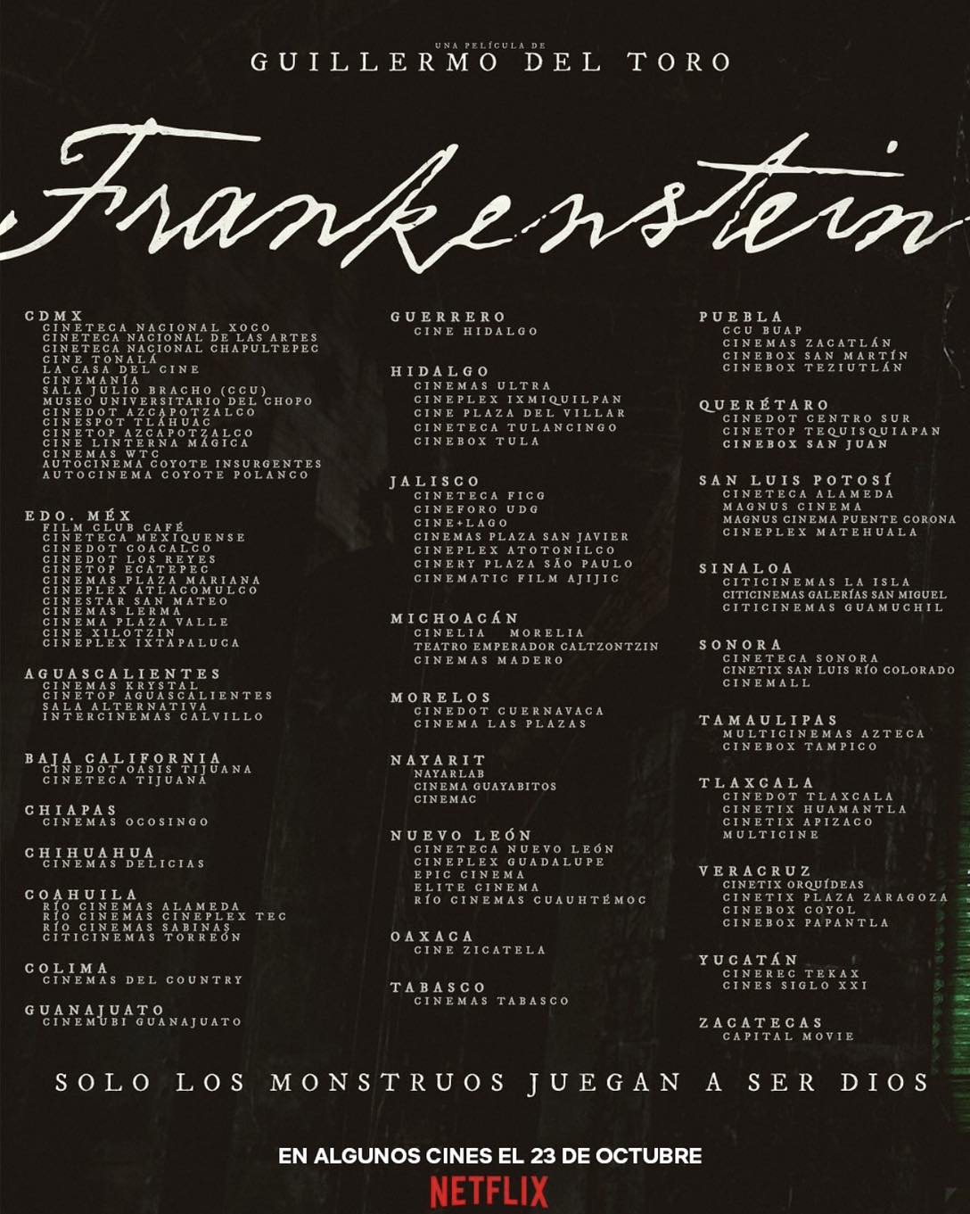 Lista de cines del país donde se proyectará Frankenstein de Guillermo del Toro
