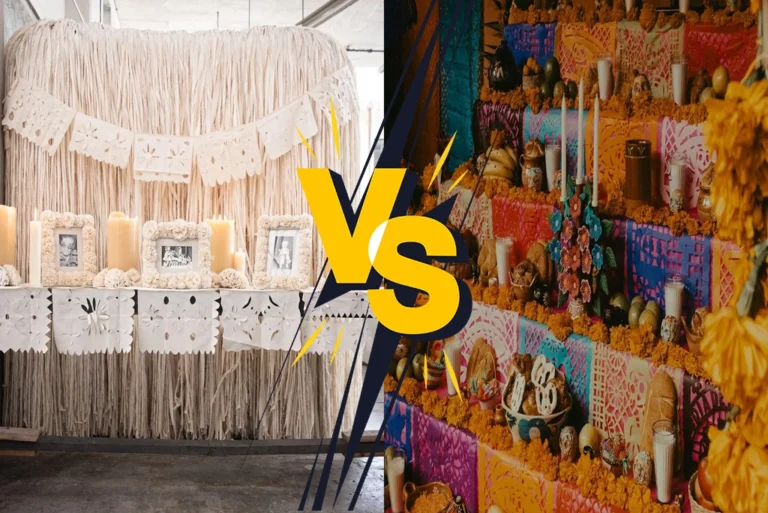 Fotografía que contrasta un altar de Día de Muertos tradicional, lleno de color y elementos, con un altar minimalista moderno en tonos beige y blanco, representando el debate sobre los altares minimalistas y la tradición