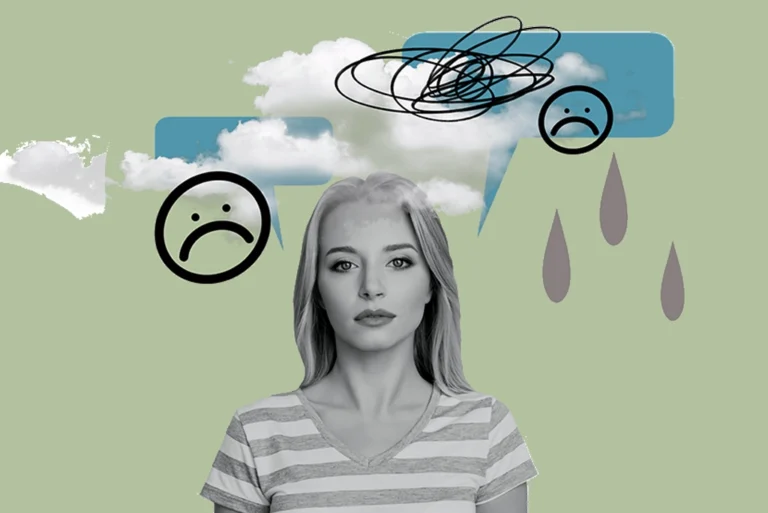 ilustración de una joven contemplativa mirando de frente, representando la introspección sobre los factores que afectan la salud mental. Concepto de bienestar emocional y equilibrio.