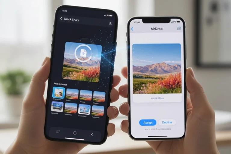 Funcionalidad de Quick Share compatible con AirDrop mostrada en un smartphone Android y un iPhone intercambiando una foto de forma inalámbrica.