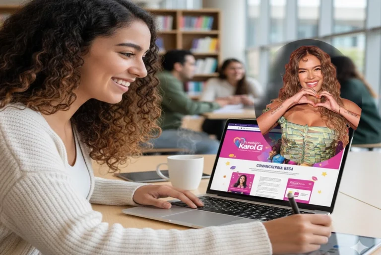 Joven estudiante latina sonriendo mientras revisa la información de la convocatoria para la beca Fundación Karol G en su laptop.