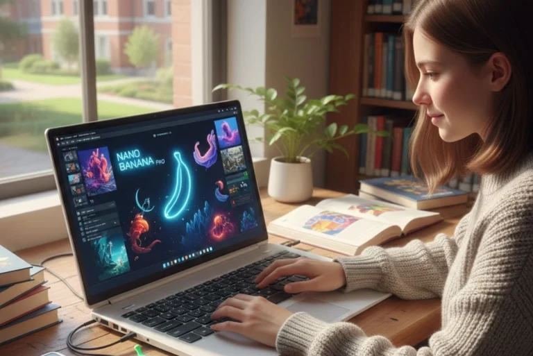Estudiante usando Nano Banana Pro en su laptop para crear imágenes con IA para un proyecto universitario creativo.