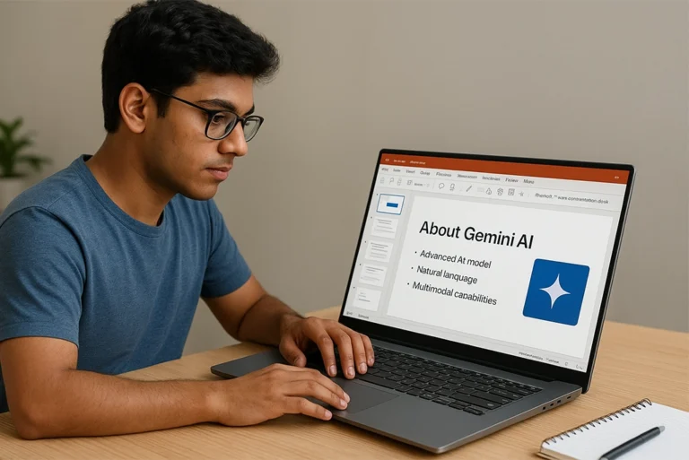 Joven usando Gemini para generar una presentación con el prompt para crear presentaciones desde un documento en su portátil.
