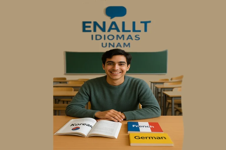 Estudiante sonriente en un aula de la ENALLT idiomas UNAM, con libros de texto para aprender diferentes idiomas como coreano y francés sobre la mesa