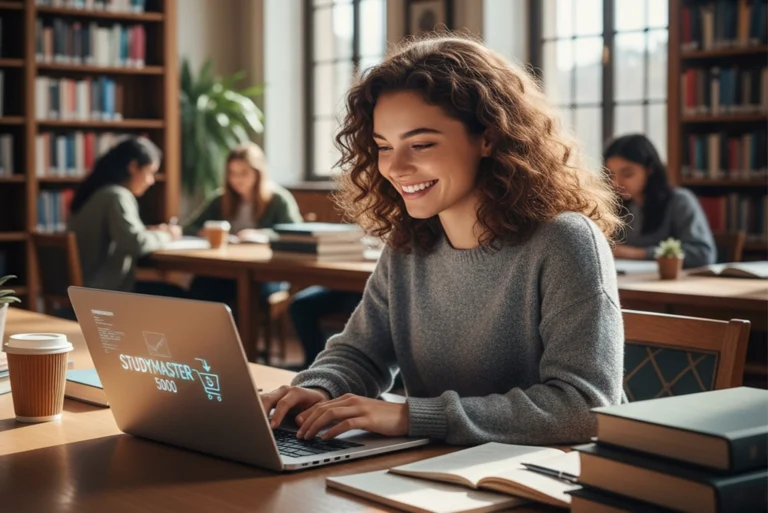 Estudiante sonriente usando una de las mejores laptops para estudiantes en una biblioteca universitaria, representando el equilibrio entre rendimiento y precio.