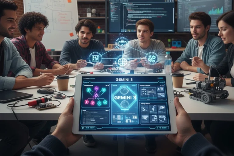 Equipo de estudiantes y creadores colaborando en un proyecto moderno, utilizando en primer plano una tablet que muestra la interfaz de Gemini 3 y destacando visualmente sus principales funciones y hacks.