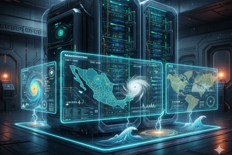 Representación artística de la supercomputadora Marenostrum 5 en México, mostrando su potente infraestructura tecnológica y su impacto en la ciencia de datos.