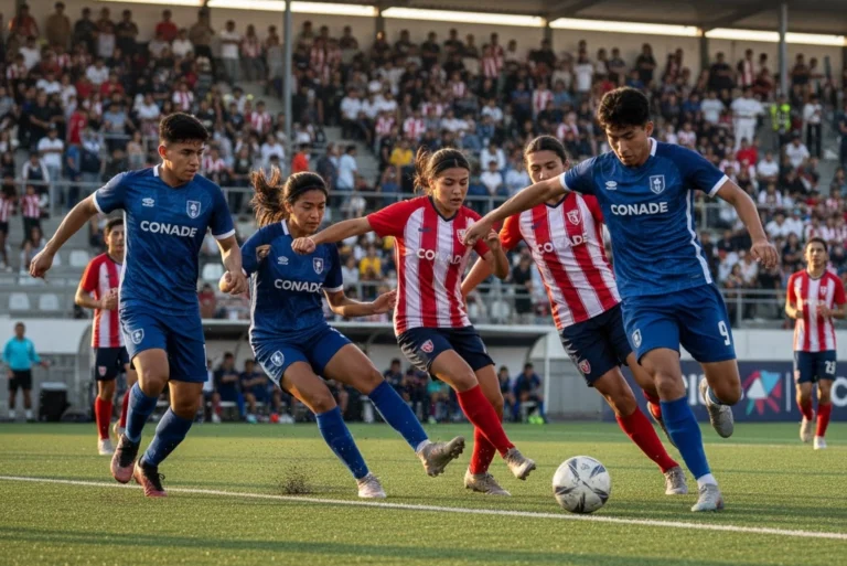 Jóvenes compitiendo en un partido de fútbol durante los emocionantes Mundialitos CONADE, representando el espíritu deportivo universitario.