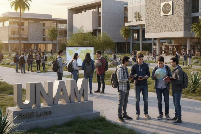 Estudiantes en el campus de la ENES León de la UNAM, representando las nuevas licenciaturas UNAM en Comunicación y Relaciones Internacionales para 2026