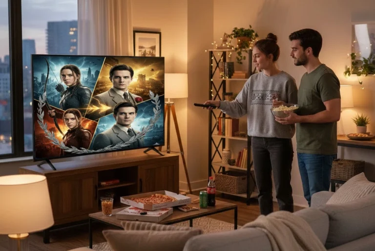 Jóvenes frente a televisor con el orden de las películas Juegos del Hambre, mostrando a Katniss Everdeen y al joven Coriolanus Snow en un collage con las arenas de Panem de fondo.